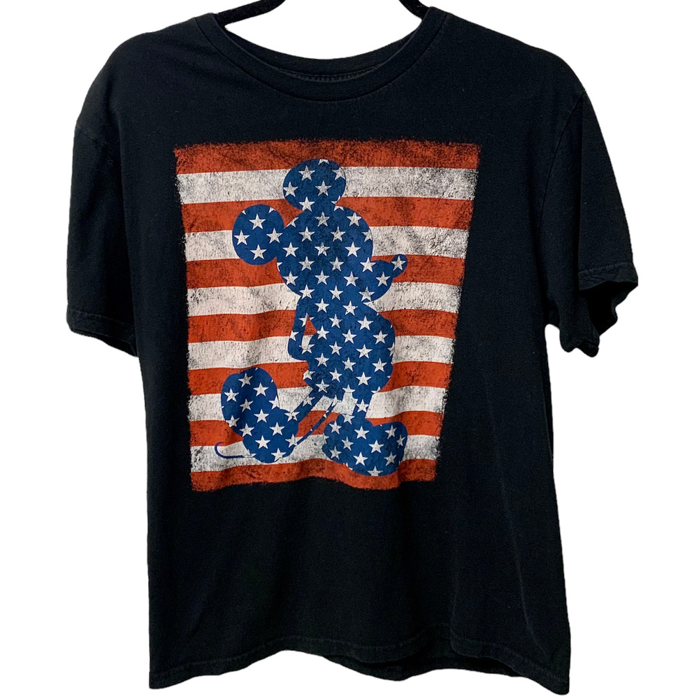 Disney Mickey Mouse Shirt Black American Flag Silhouette Patriotic Stars Stripes